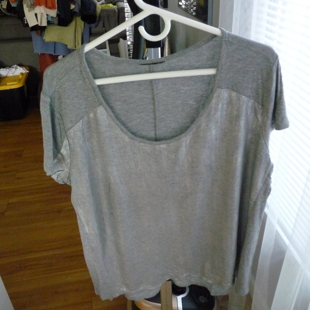 ITALIAN WOMEN FRONT SILVER PAINTED COTTON GREY T-SHIRT  LOW HIGH HEMLINE SIZE XL